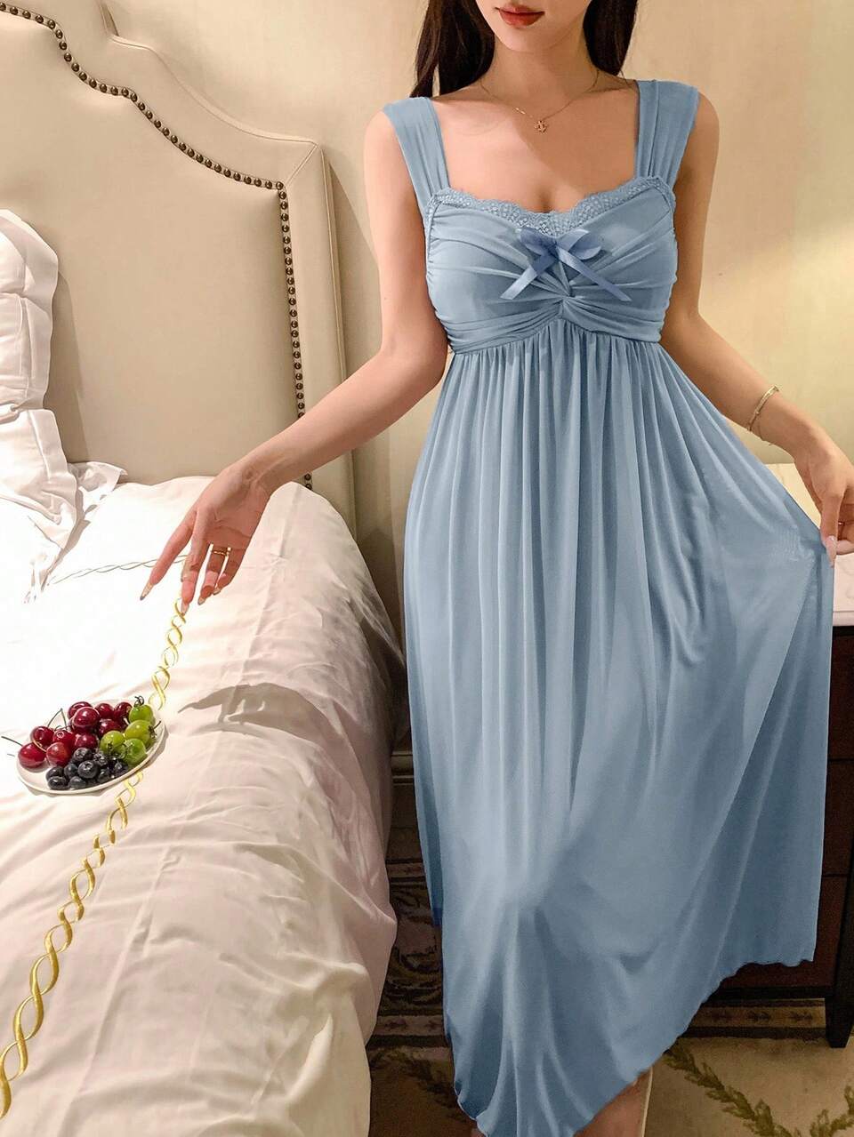 Romantic Mesh Knit Fabric Ruched Lace Patchwork Slip Dress For Women Pajama