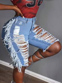Slaydiva Plus Size Summer Fashion Ripped Fringe Hem Slim Fit Denim Shorts - Blue - View 4