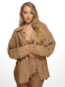 MISSGUIDED Linen Resort Lounge Palazzo Pants And Button Down Shirt Oversized Vacation Beach Coverup Lightweight Casual Wear - Coffee Brown - View 5