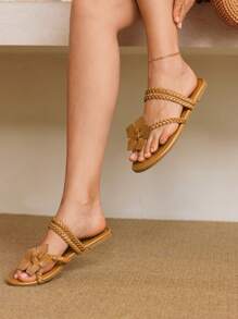 Styleloop 女士平底凉鞋，圆头夏季露趾编织带一脚蹬海滩度假鞋 - 棕色 - 查看 3