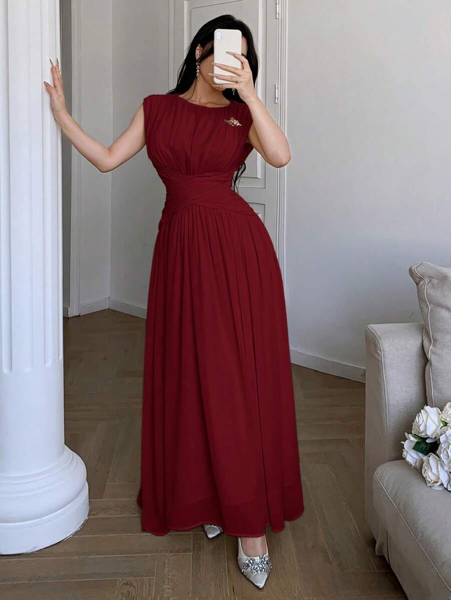 Feyla Gaun Panjang Elegan Wanita Warna Polos Leher Bulat dengan Hiasan Ruffle di Pinggang, Warna Burgundy Musim Panas - Burgundy - View 1