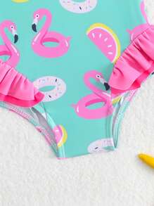 Wborn Newborn Swimsuit, Flamingo & Donut Green Printed Knit Fabric Ruffled Romper Swimwear, Shoulder Double Bow Design, Girls Fashion Casual Elegant Suitable For Swimming, Vacation, Summer Flamingo Swimsuit Baby Girl Swimsuit Toddler Swimsuit Toddler Girl Swimsuit Babygirl Swim Suit