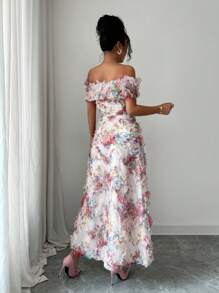 Selianne 女士优雅雪纺 3D 花卉露肩 A 字长裙