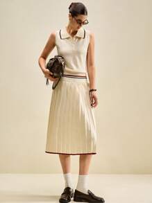 Muvela 女士休闲复古杏色无袖 Polo 衫和褶皱中长裙两件套，适合夏季毕业季的优雅装扮 - 杏色 - 查看 7