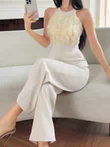 DAZY 优雅铆钉珍珠装饰圆领无袖女式连体裤，夏季，返校服装