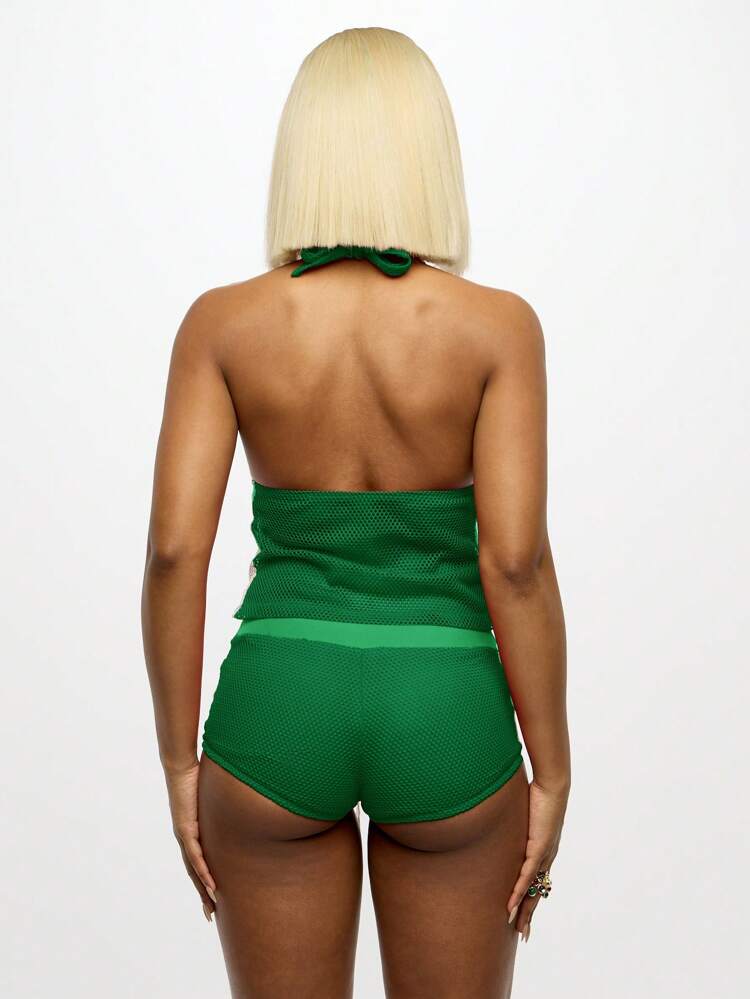 SUMWON WOMEN Conjunto de dos piezas de malla con pantalones cortos de cintura alta y top corto con cuello halter