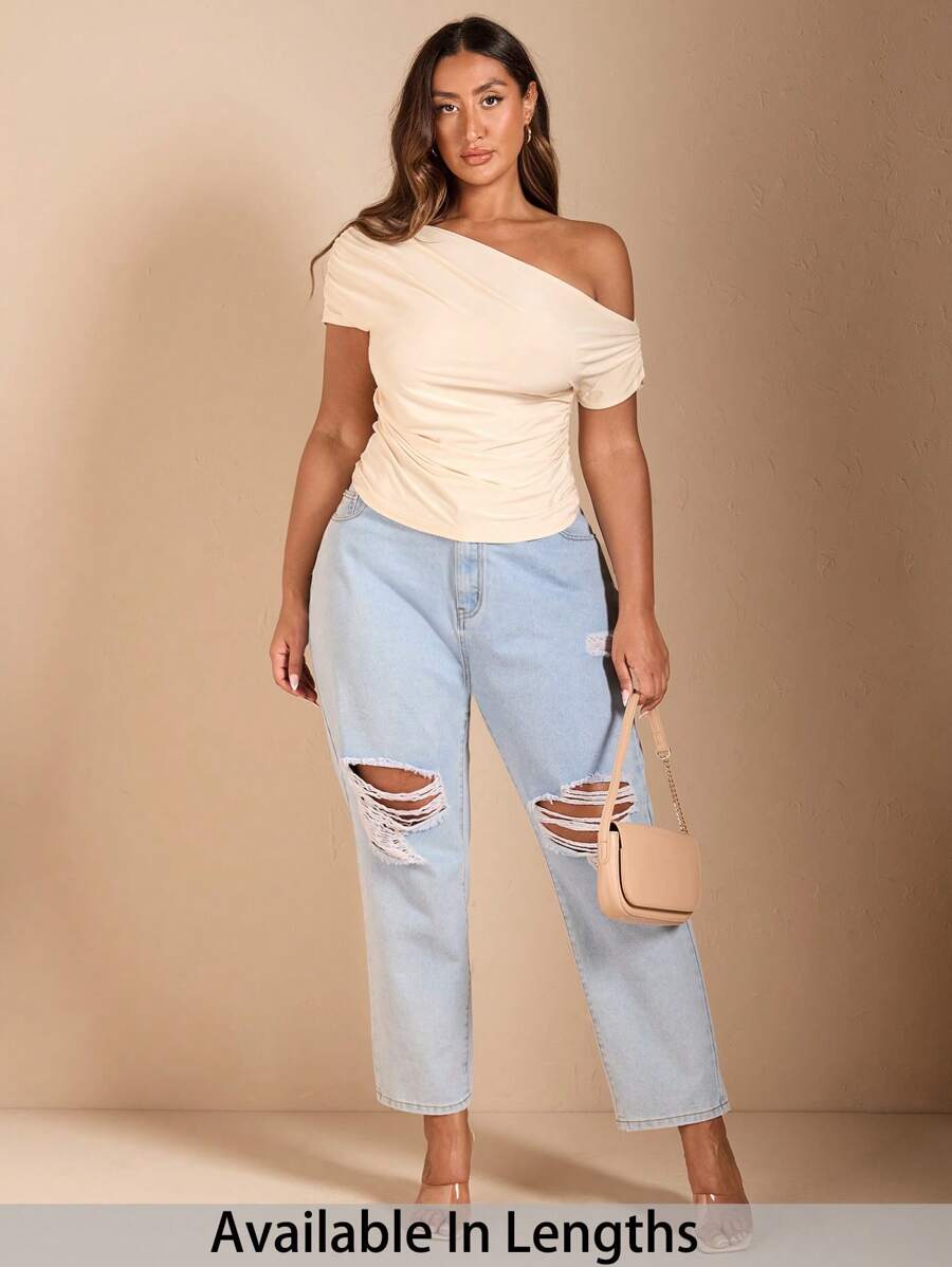 SHEIN Tall CURVE Plus Size Women Short Sleeve Solid Color Off Shoulder T-Shirt - Apricot - View 1