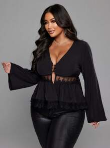 Franclia Plus Size V-Neck Lace Patchwork Ruffle Hem Long Sleeve Blouse