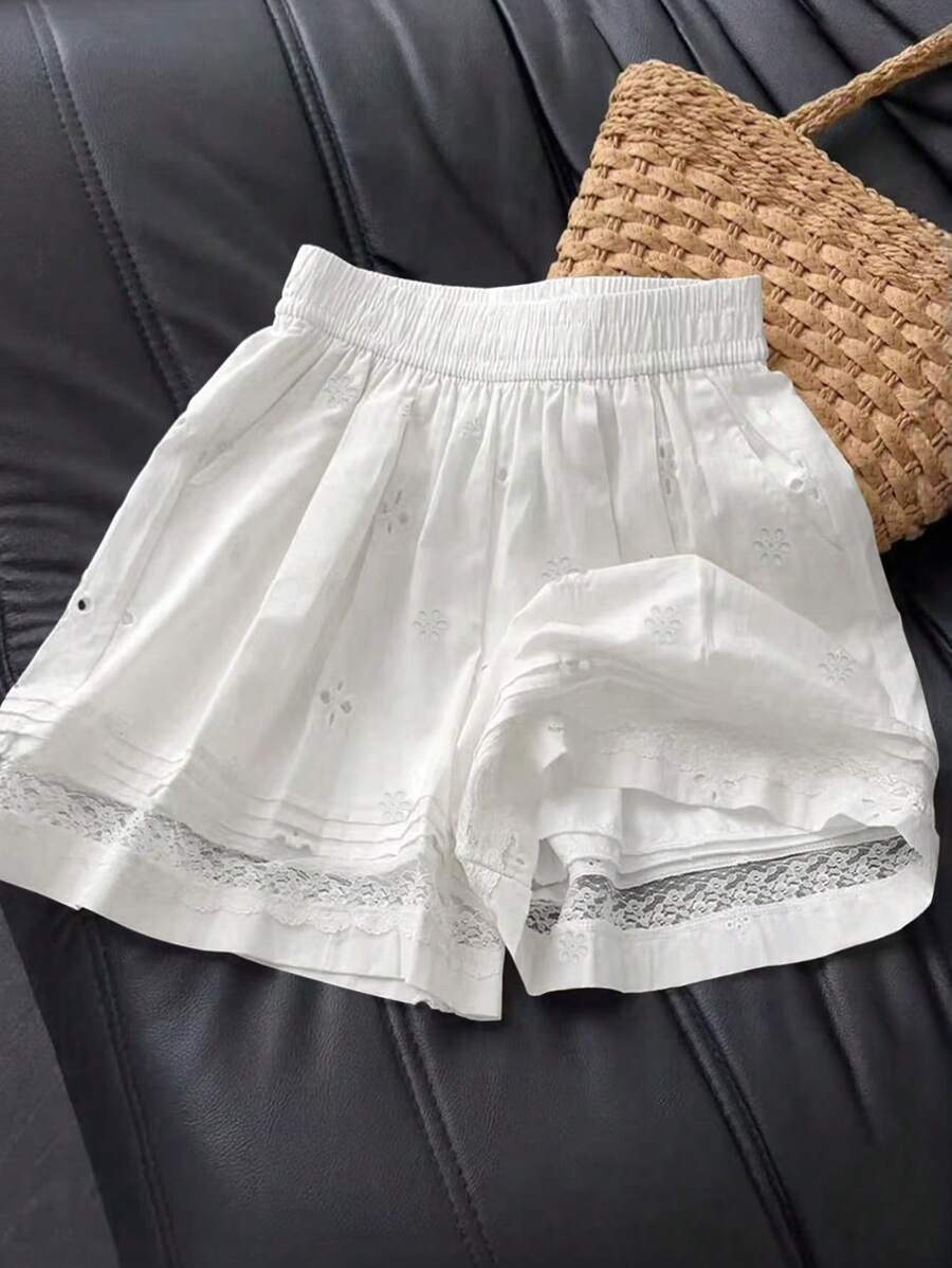SHEIN Clasi Vacation Casual Solid Color Hollow Embroidered Lace Splice Shorts - White - View 1