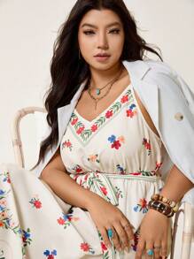 SHEIN LUNE Vestido Longo de Algodão Confortável com Divisão Lateral, Tecido Texturizado de Damasco, Plus Size Feminino - Bege - Visão 7