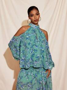 BRDY Top de línea A con cuello halter, hombros descubiertos y mangas de obispo, impreso con flores, para vacaciones de mujeres - Verde - Ver 5