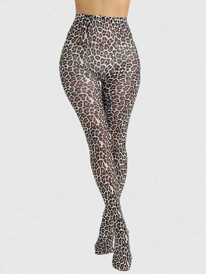 Grunge Punk 1 par de medias gruesas con estampado de leopardo, pantimedia retro estampada, leggins ajustados de estilo Y2K, medias elásticas y transparentes con tirantes