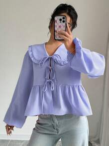 SHEIN Unity Blusa de mujer con cuello llamativo, mangas farol, nudo delantero y volantes para el verano - Púrpura malva - Ver 5