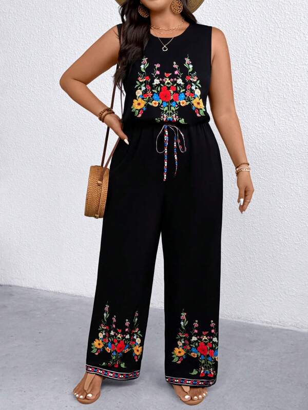 Breezaya Plus-size dames bloemenprint retro modieus casual elegant sport vakantie strik jumpsuit, dames zomerkleding