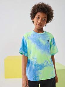 SHEIN Tween Jongen Casual Kokosboomprint Tie Dye Ronde hals Pullover Korte mouwen brei