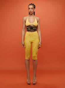 SUMWON WOMEN 花卉蕾丝细节高腰七分紧身裤节日舞蹈表演紧身夏季派对裤 - 黃色 - 查看 2