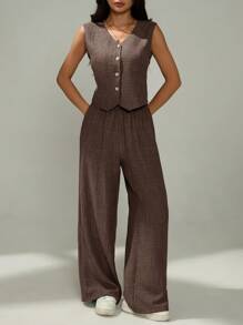 SHEIN PETITE Bộ đồ thường ngày 2 món áo vest và quần một hàng khuy đơn màu trơn dành cho nữ, mùa hè - Màu nâu Sô-cô-la - Xem 4