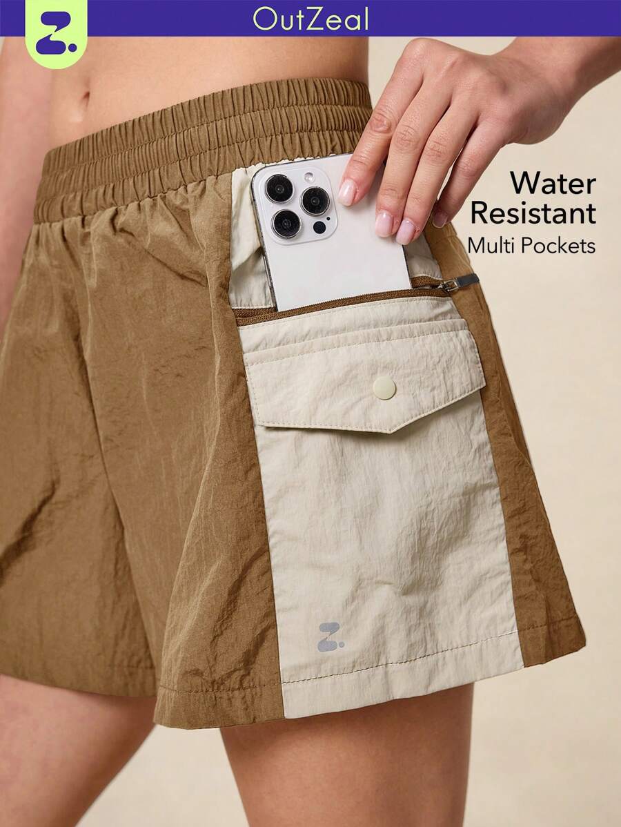 OutZeal Celana Pendek Wanita untuk Aktivitas Luar Ruangan Musim Panas, Hiking, Berkemah, Tahan Air, Ringan, Bahan Nilon, Desain Blok Warna - Coklat - View 1