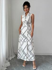 Elenzga Vestido Midi Geométrico sem Mangas com Gola e Cintura Marcada, Verão - Damasco - Visão 3