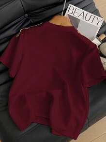 Franclia Fashionable Casual Sequin Embellished Round Neck White Short Sleeve Women's T-Shirt, Summer - Burgundy - View 2