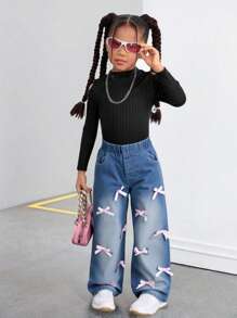 Nuevo conjunto de verano para niñas de 4 a 7 años, pantalones rosas con diseño de lazo hecho a mano y jeans azules anchos de pierna ancha, sueltos y cómodos, adecuados para uso diario al aire libre y de vacaciones
