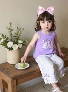 Conjunto de 2 piezas para niña bebé que incluye chaleco con estampado de conejo de cuello redondo y pantalones a juego con bordado de corazón de encaje, en un estilo versátil y casual, a la moda y elegante - Multicolor - Ver 8