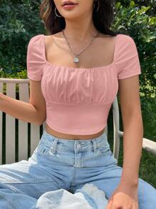 SHEIN EZwear 夏季纯色方领褶皱胸围短款 T 恤，度假时尚 - 粉色 - 查看 1
