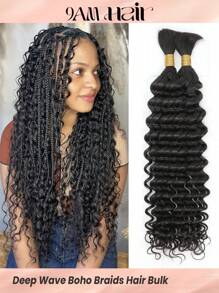 2pcs Braiding Hair Bulk No Weft Deep Wave Crochet Human Hair Natural Black Color Hair Extension Knotless Braids Hair Extensions For Women - Natural Black - View 1