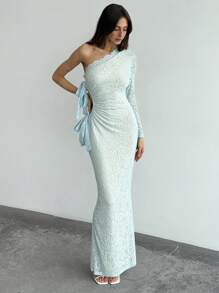 Aloruh New Romantic Lace Bowknot Shoulder Decor Sexy Asymmetrical Neck Dress