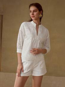 MOTF PREMIUM 孔眼刺绣缺口衬衫 - 白色 - 查看 5