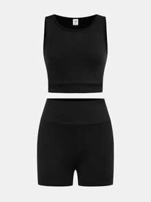 SHEIN 青少年女孩黑色针织镂空后背吊带背心和紧身裤两件套 - 黑色 - 查看 9