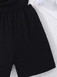 SHEIN 少女卡通图案短袖休闲短款上衣和短裤套装，夏季 - 黑色 - 查看 4