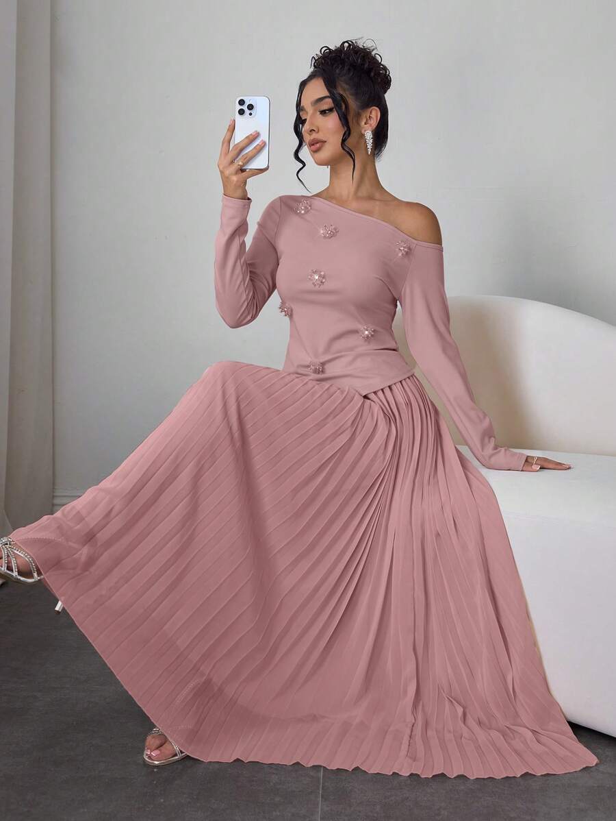 Modelyn 两件套:女式不对称领口串珠花卉上衣和褶皱雪纺裙,春夏 - 藕粉色 - 查看 1