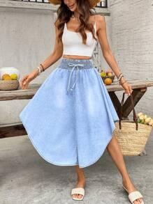 Breezaya Gonna di jeans a-line casual con orlo curvo e lavata per donne