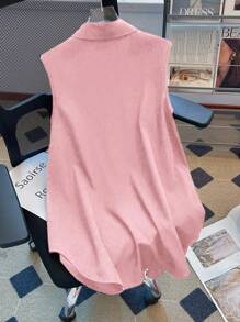 SHEIN LUNE 大码女式休闲骑士刺绣无袖衬衫 - 粉色 - 查看 2