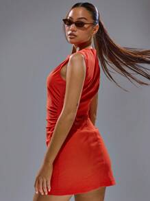 MUSERA Crew Neck Full Zip Fitted A Line Sleeveless Mini Dress Spring, Summer, Streetwear, Y2k, Cool Girl,City Muse Vacation Night Out - Red - View 4