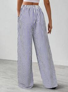 SHEIN Tall Striped & Printed Casual Daily Wear Women Spring/Summer Long Pants - Blue and White - View 2