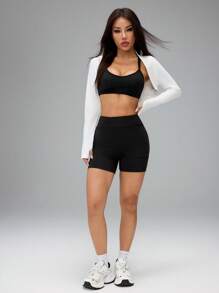 SHEIN PETITE Long Sleeve Crop Top Women Workout Top In Fall/Winter - Blue - View 6