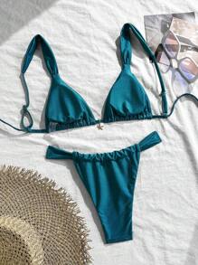 Swim Mod 两件套亮色纯色粗肩带海星装饰加厚文胸三角比基尼泳装套装女士 - 水鴨藍 - 查看 2