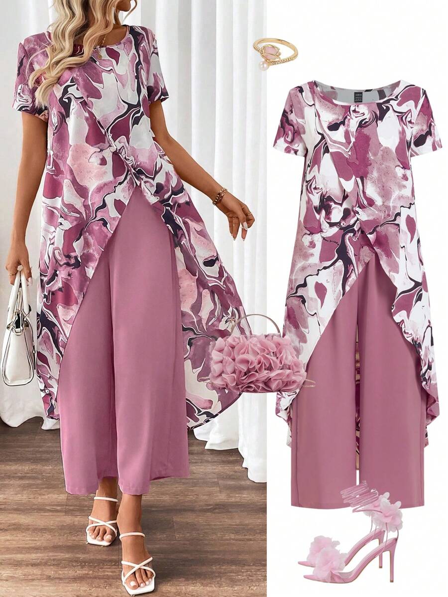 Ellevyn Women's Elegant Design 2pcs Set Round Neck Short Sleeve Allover Print Split Top And Comfortable Wide-Leg Pants - Multicolor - View 1