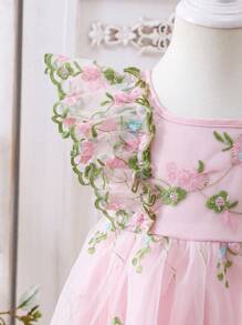 SHEIN 女婴可爱夏季优雅花卉刺绣网纱荷叶边连衣裙 - 粉色 - 查看 6