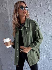 Drop Shoulder Pearls Beaded Raw Hem Coat In Fall/Winter - Army Green - View 5