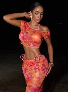 BamGleam 2pcs Women Printed Swimwear Top - Triangle Tie Strap With Mesh Cami, Summer Beach Vacation Style - Multicolor - View 4