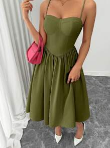 Rafferiza 秋冬女士时尚百搭约会派对修身腰喇叭裙 - 軍綠色 - 查看 4