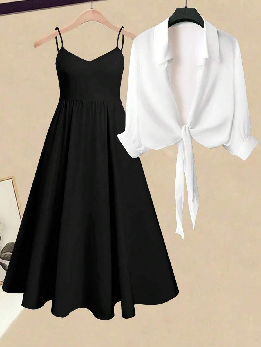 Franclia Ensemble 2 pièces grande taille printemps et été, jupe longue élégante en mousseline de soie, robe de printemps à volants col V, robe d'été bohème habillée, robe de mariage, robe de Pâques romantique, robe de remise des diplômes avec Top extérieur, col chemise, manches lanternes, col en mousseline de soie avec nœud papillon