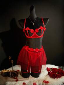 SpicyHot 5pcs Women Sexy Mesh Underwire Bra Set, For Christmas - Red - View 5