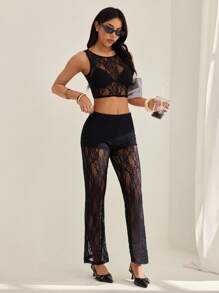 SHEIN PETITE Women's Sexy Sheer Lace Cropped Tank Top And Pants 2 Pieces Set, Summer - Black - View 4