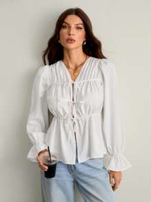 SHEIN Tall Camicia donna casual a maniche a palloncino con collo a cravatta in tinta unita, autunno, bianco - Bianco - Visualizzare 8