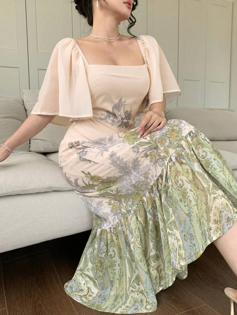 DAZY 碎花优雅情人节雪纺方领荷叶边中长连衣裙，女士吊带裙 - 綠色 - 查看 1