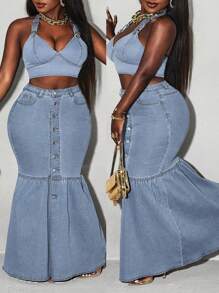 Slaydiva Plus Size Front Button Denim Skirt - Blue - View 1